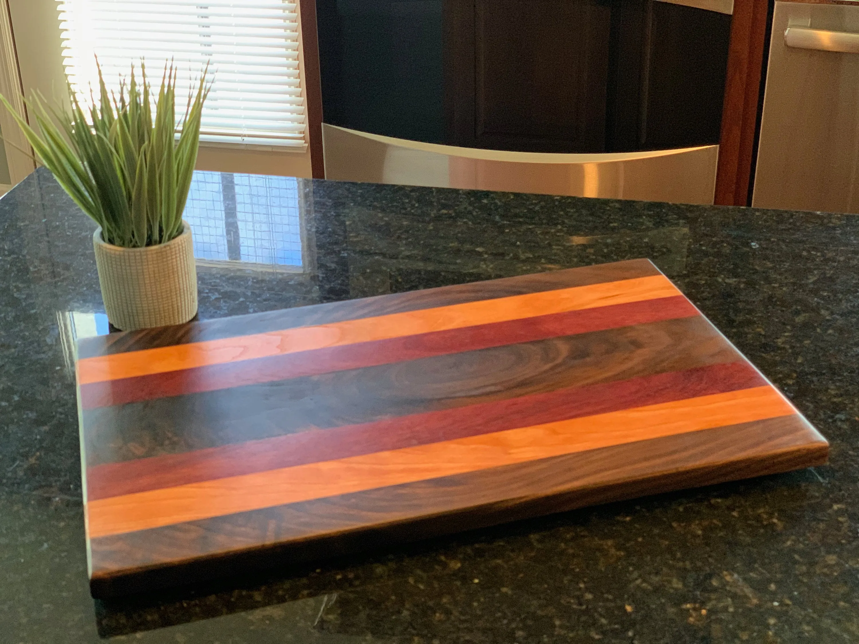 018 Large Cutting Board w/ Feet- Walnut, Cherry, and Purple Heart wood, Serving Tray, Handcrafted