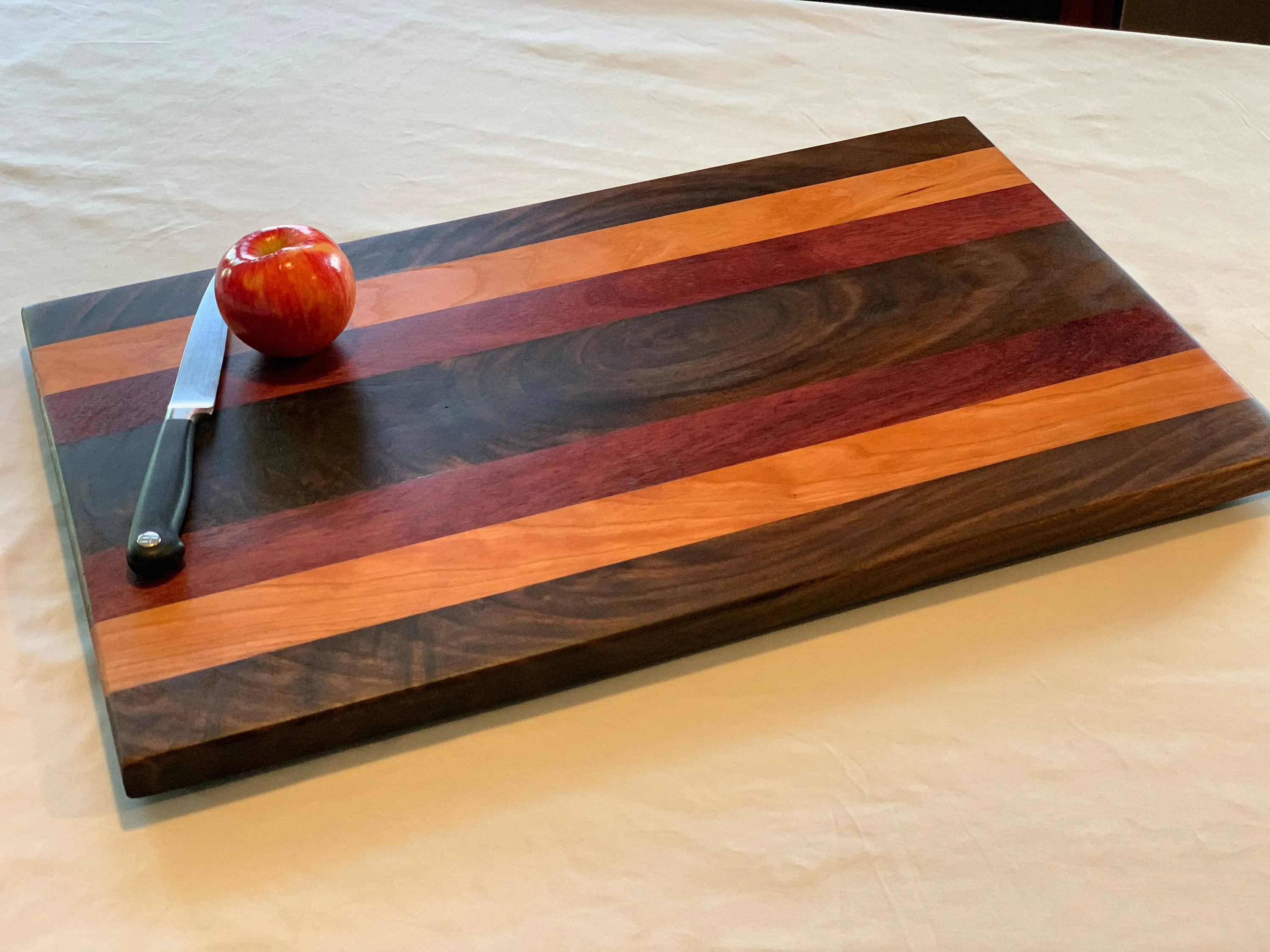 018 Large Cutting Board w/ Feet- Walnut, Cherry, and Purple Heart wood, Serving Tray, Handcrafted