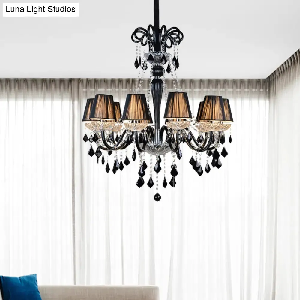 10-Bulb Fabric Ceiling Light: Traditional Tapered Chandelier Lamp with Crystal and Glass Arm (Black/Clear)