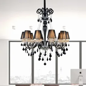 10-Bulb Fabric Ceiling Light: Traditional Tapered Chandelier Lamp with Crystal and Glass Arm (Black/Clear)