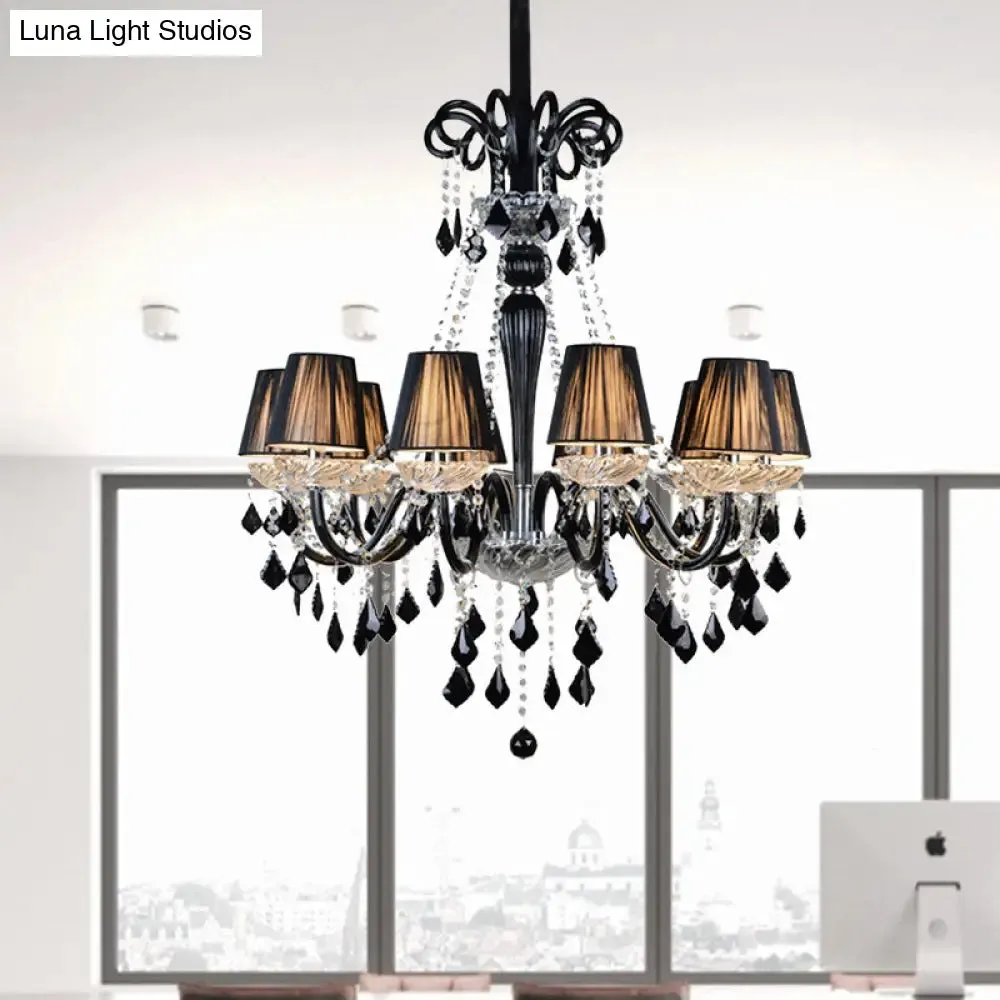 10-Bulb Fabric Ceiling Light: Traditional Tapered Chandelier Lamp with Crystal and Glass Arm (Black/Clear)