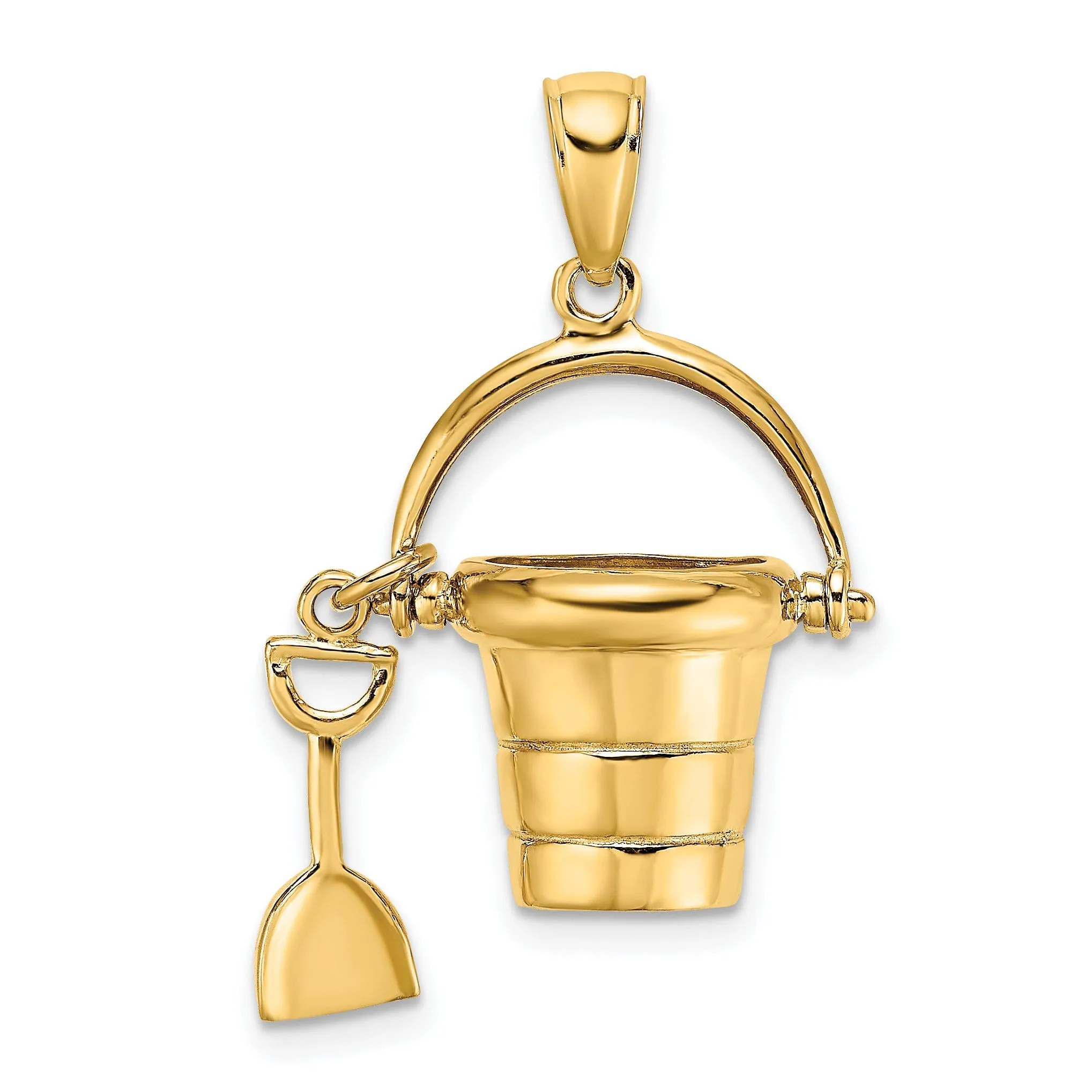 14k Yellow Gold Polished Finish 3-Dimensional Moveable Beach Pail with Shovel Charm Pendant