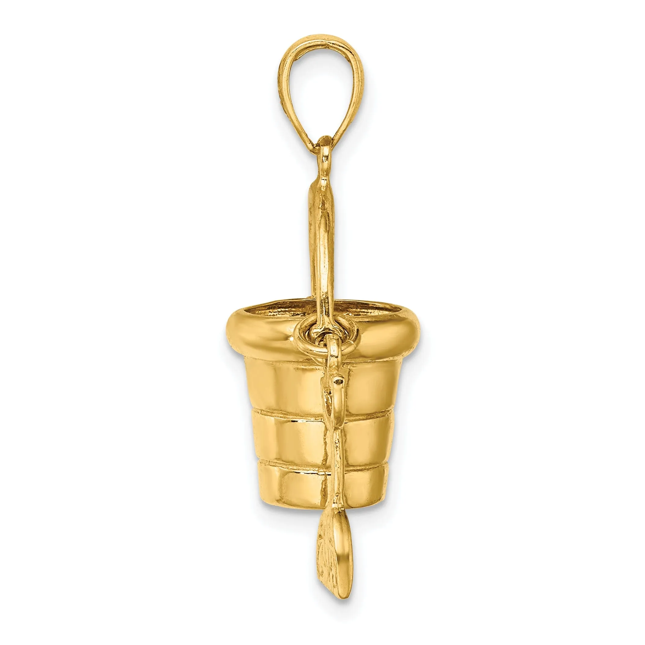 14k Yellow Gold Polished Finish 3-Dimensional Moveable Beach Pail with Shovel Charm Pendant