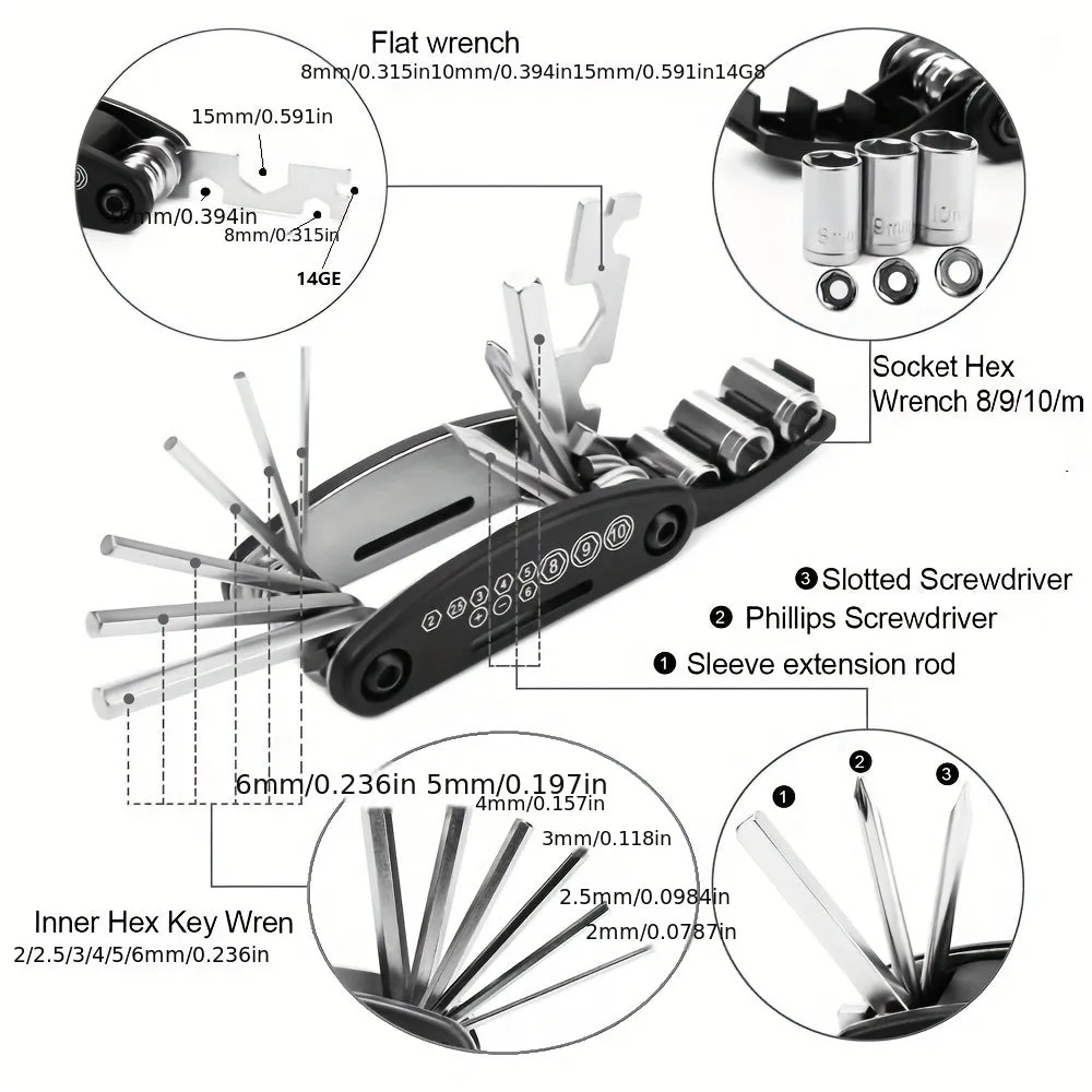 16in1 Bike Repair Tool Set Multipurpose Maintenance Kit