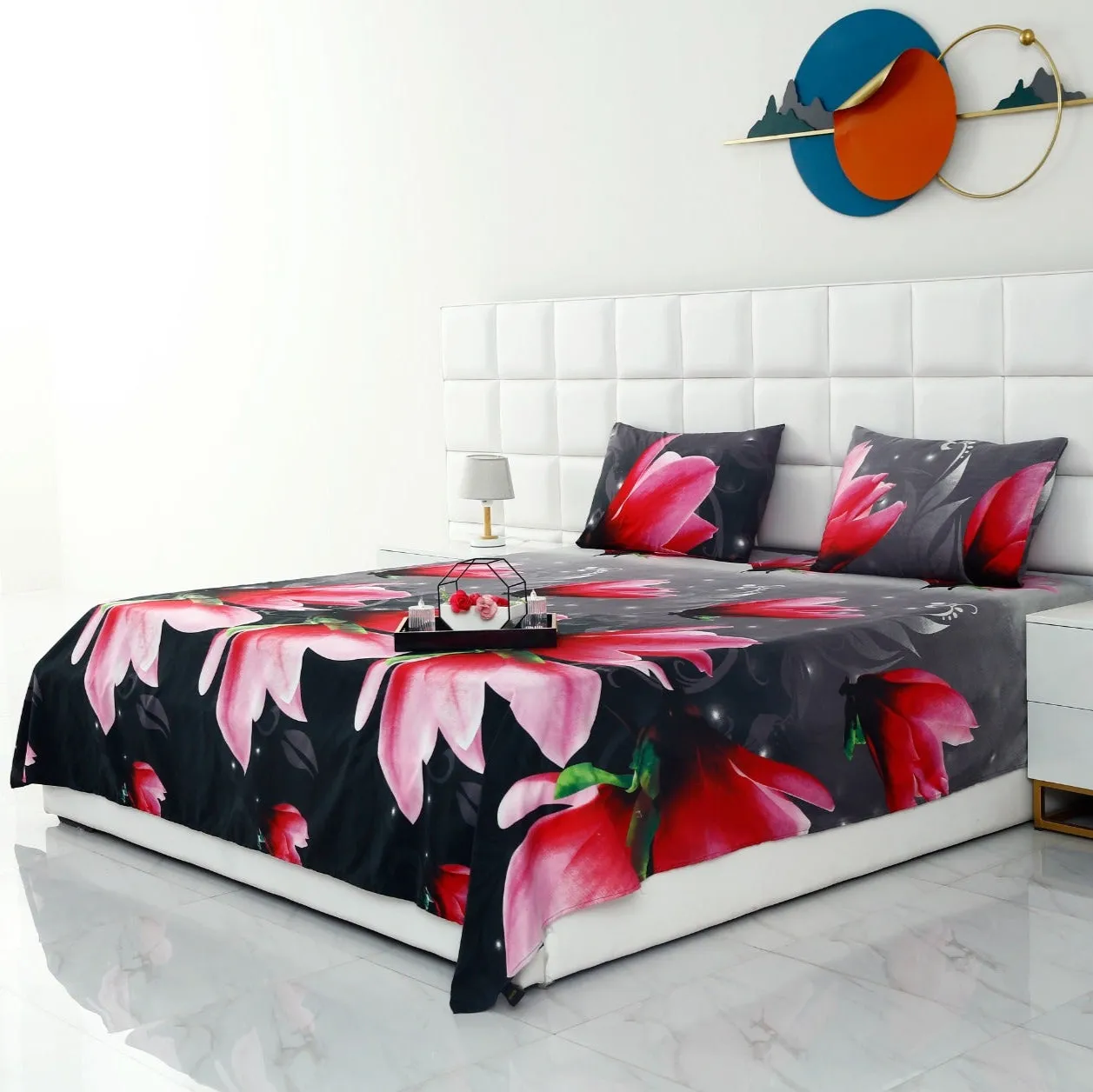 3 PCs Double Bed Sheet -Pink Lotus