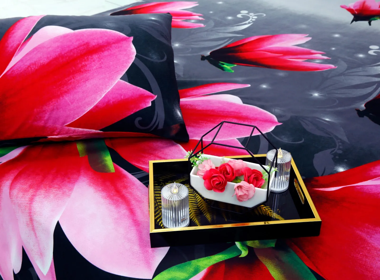 3 PCs Double Bed Sheet -Pink Lotus