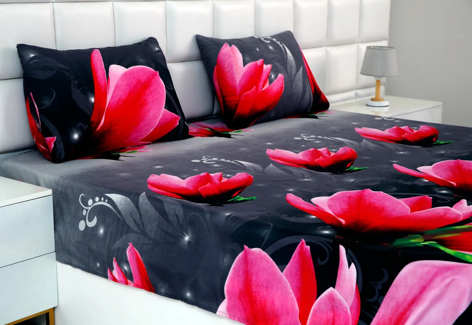 3 PCs Double Bed Sheet -Pink Lotus