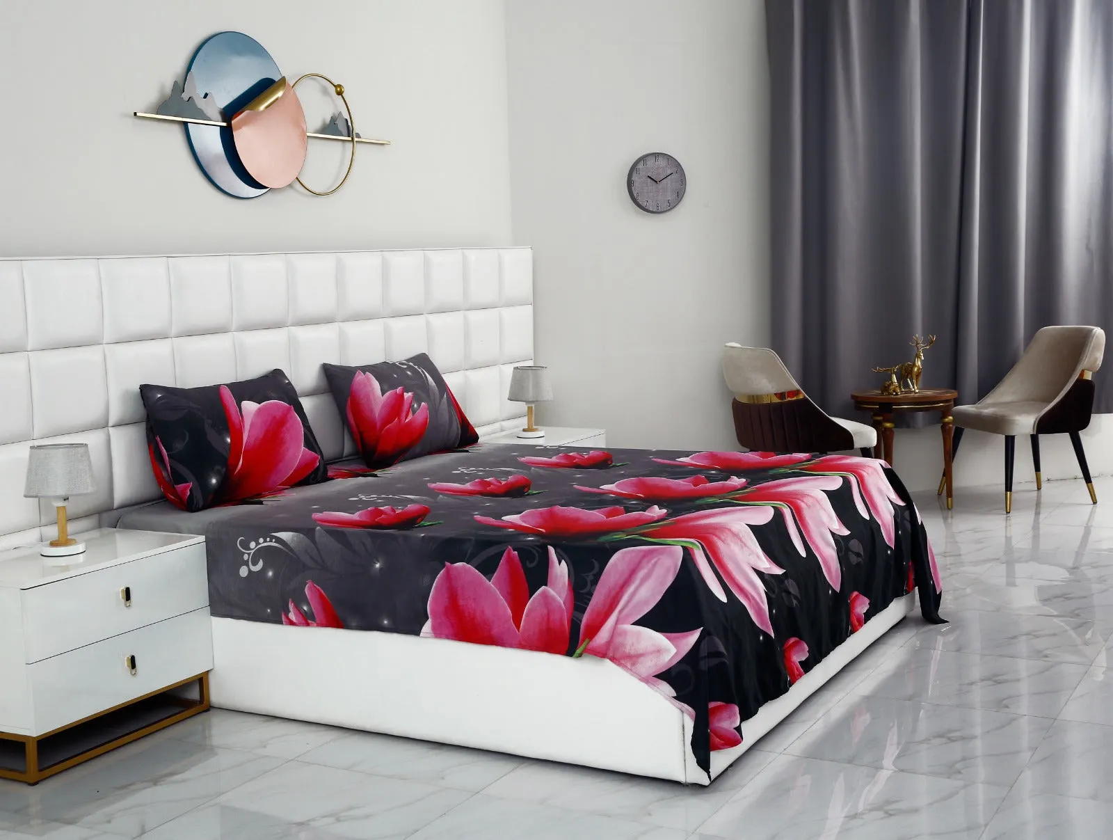 3 PCs Double Bed Sheet -Pink Lotus