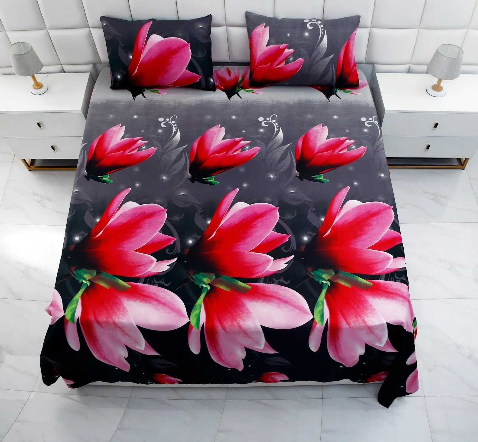 3 PCs Double Bed Sheet -Pink Lotus