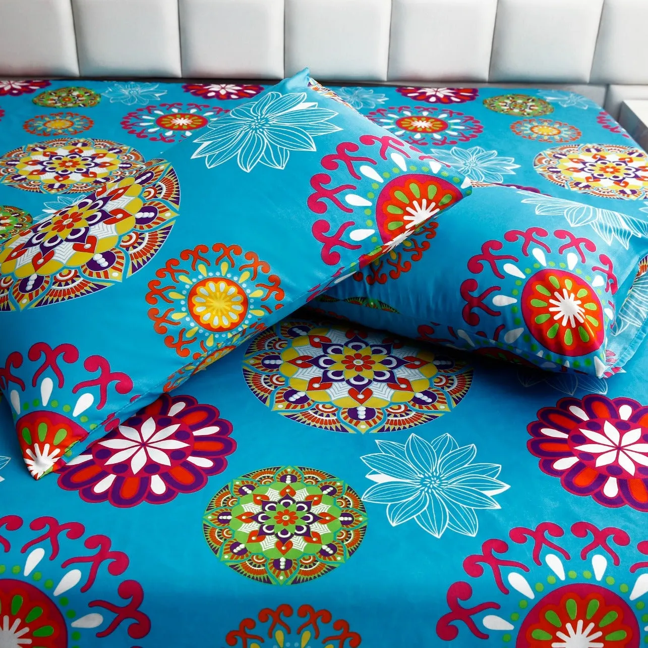 3 PCs Double Bed Sheet -Turquoise  Flower