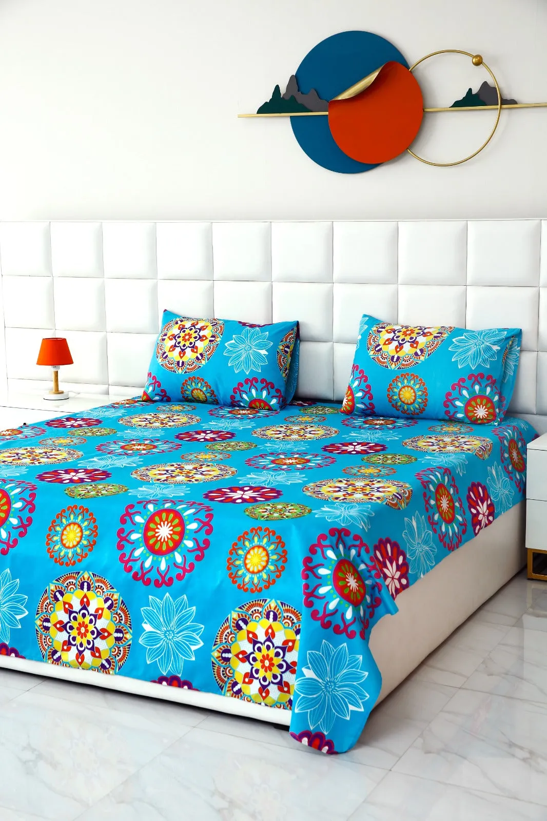 3 PCs Double Bed Sheet -Turquoise  Flower