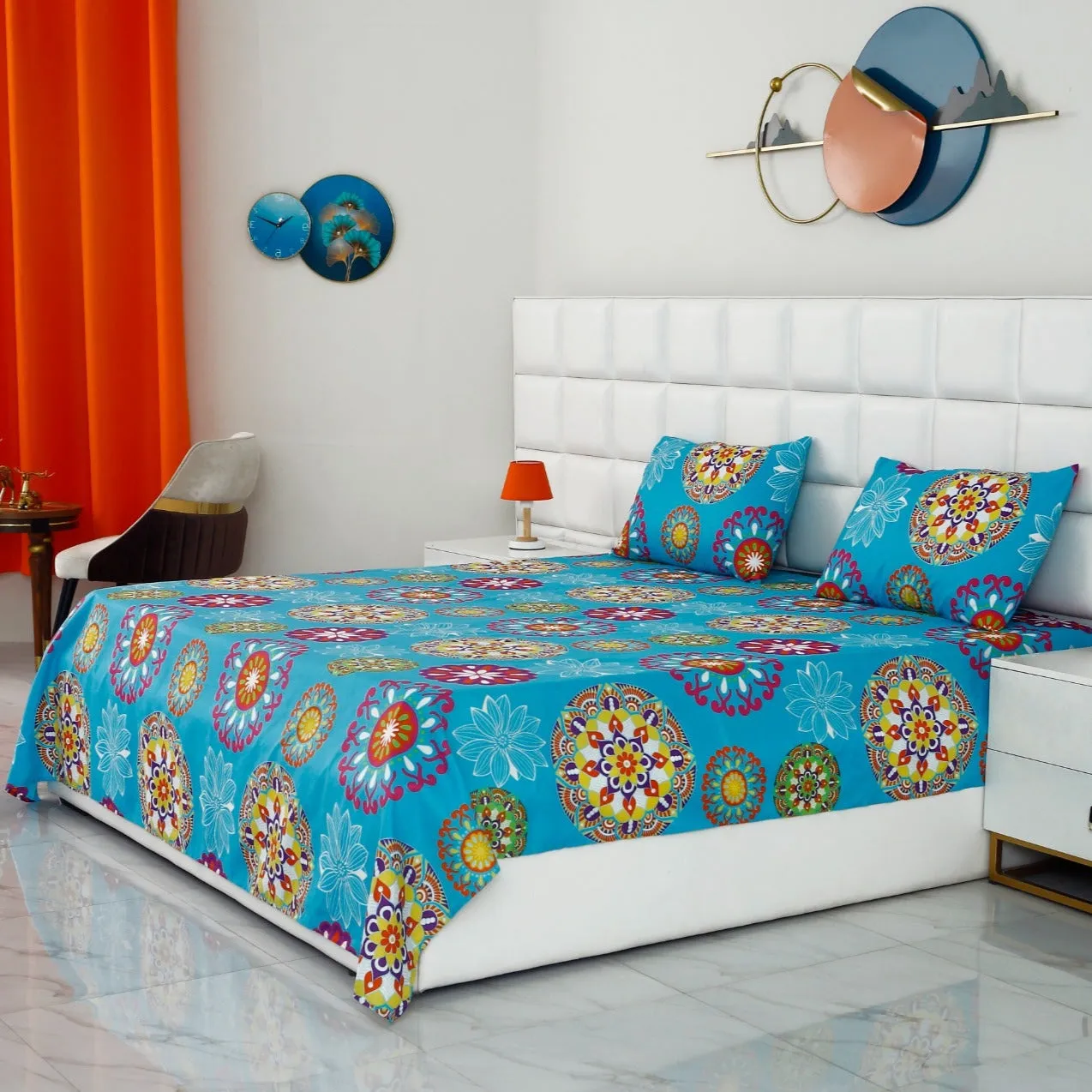 3 PCs Double Bed Sheet -Turquoise  Flower