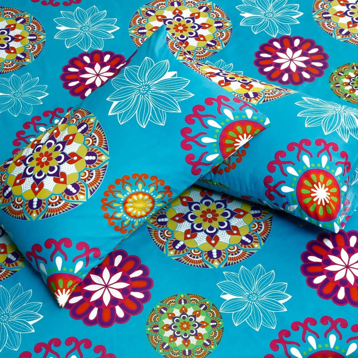 3 PCs Double Bed Sheet -Turquoise  Flower