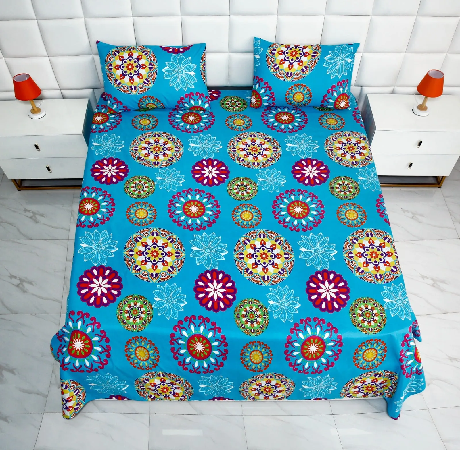 3 PCs Double Bed Sheet -Turquoise  Flower