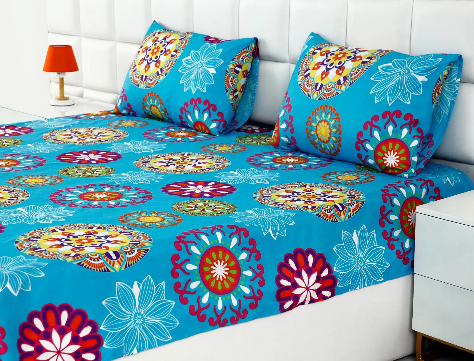 3 PCs Double Bed Sheet -Turquoise  Flower