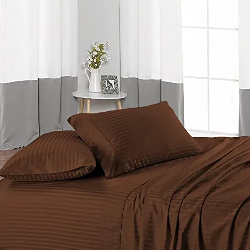 3 Piece Fitted Bed Sheets, 400 Thread Count - 8" Elastic Fitted Deep Pocket Bed Sheets - 1 Fitted Bedsheet and 2 Pillow Covers, 100% Egyptian Quality Cotton Bedding - Chocolate Stripe, Queen Size.