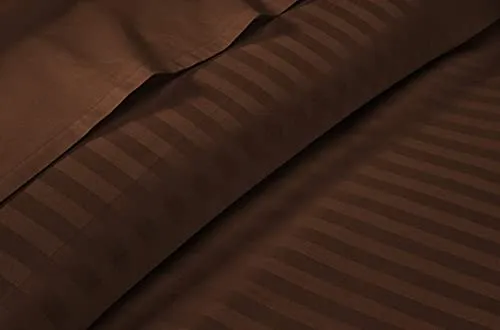 3 Piece Fitted Bed Sheets, 400 Thread Count - 8" Elastic Fitted Deep Pocket Bed Sheets - 1 Fitted Bedsheet and 2 Pillow Covers, 100% Egyptian Quality Cotton Bedding - Chocolate Stripe, Queen Size.