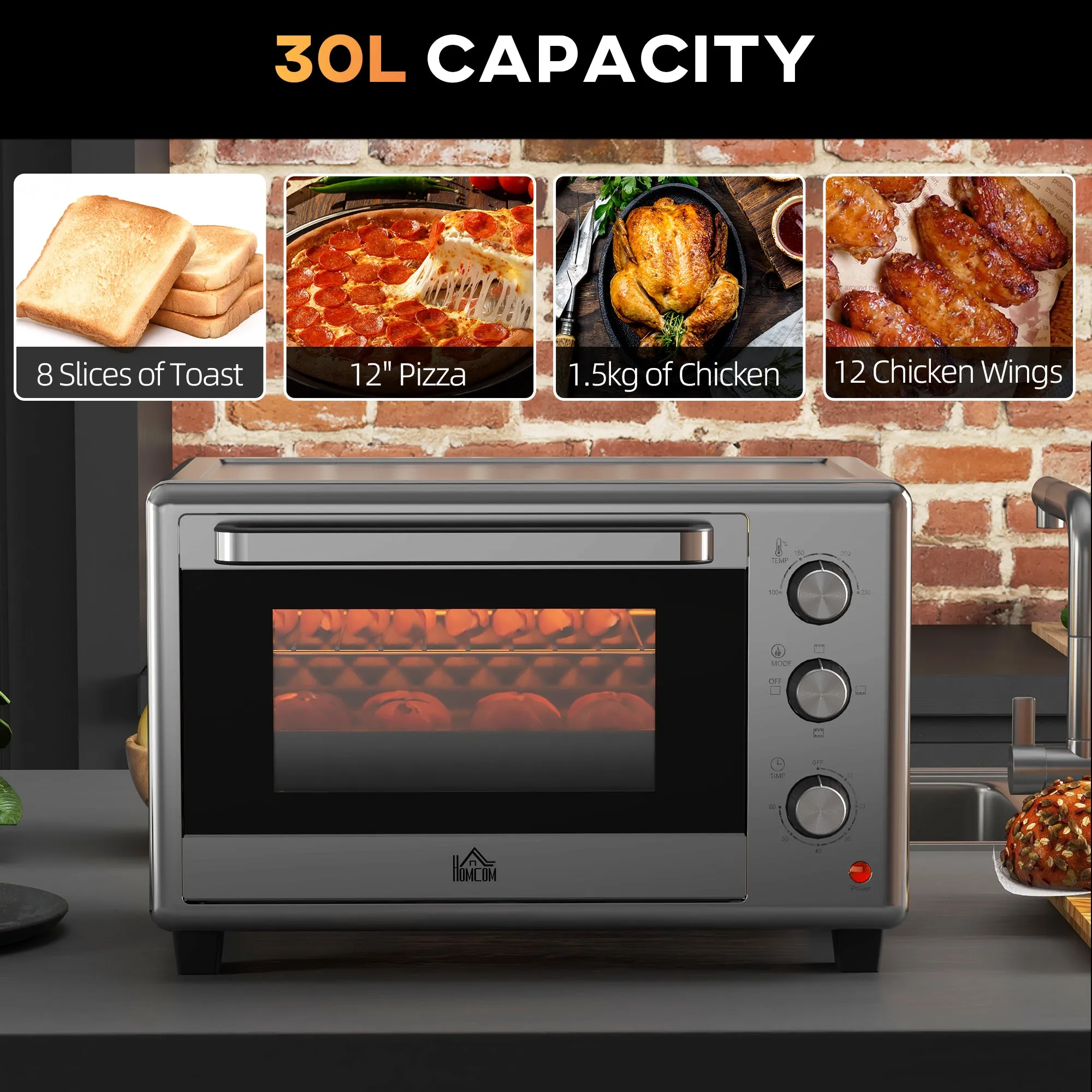 30L Mini Oven with Adjustable Temperature, 60 Min Time 1600W, Silver