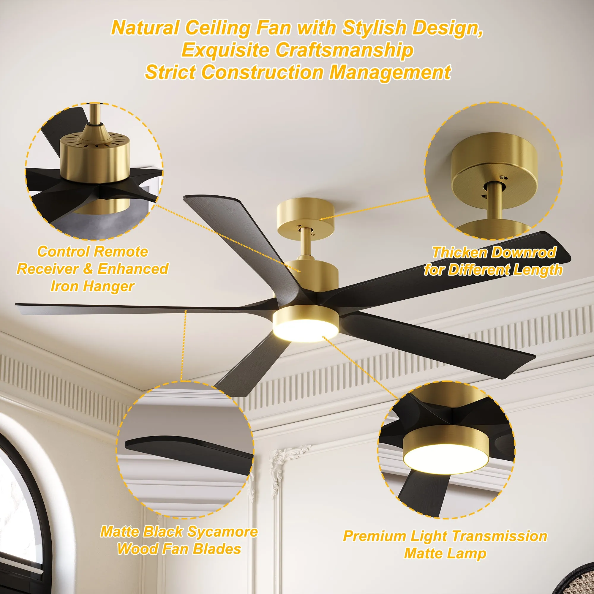 5-Blade Ceiling Fan with Black Wood Blades, LED Light, and Timer