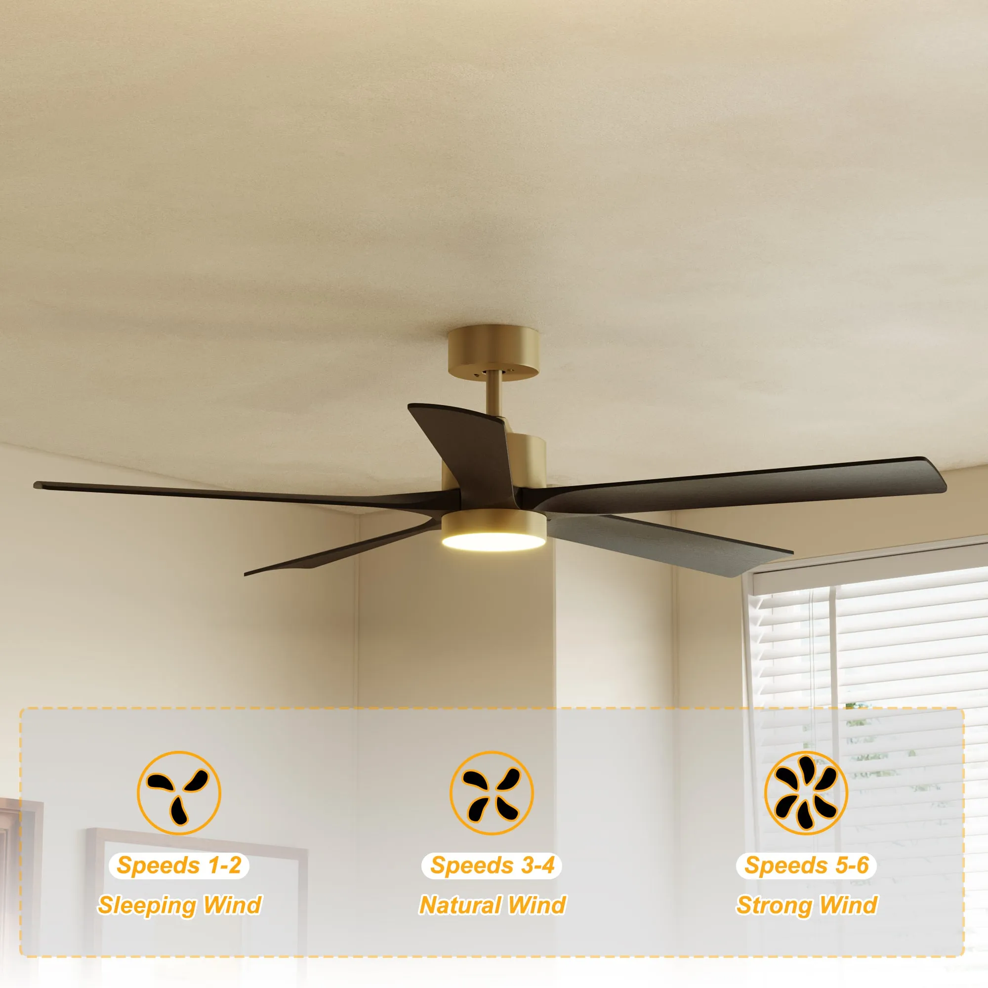 5-Blade Ceiling Fan with Black Wood Blades, LED Light, and Timer