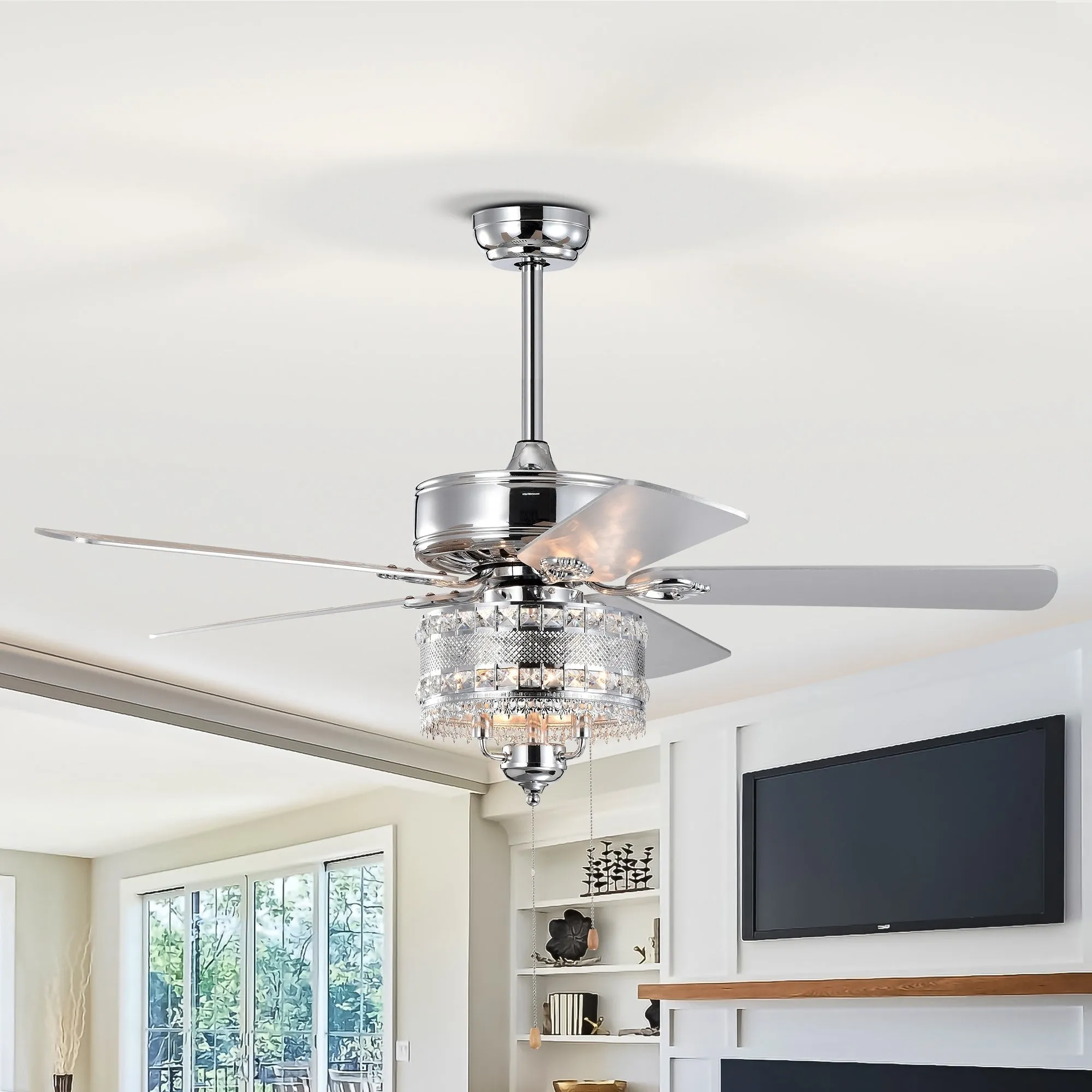 52'' Classical Crystal Ceiling Fan Lamp  5 Reversible Blades, Chrome (Hand Pull Chain)