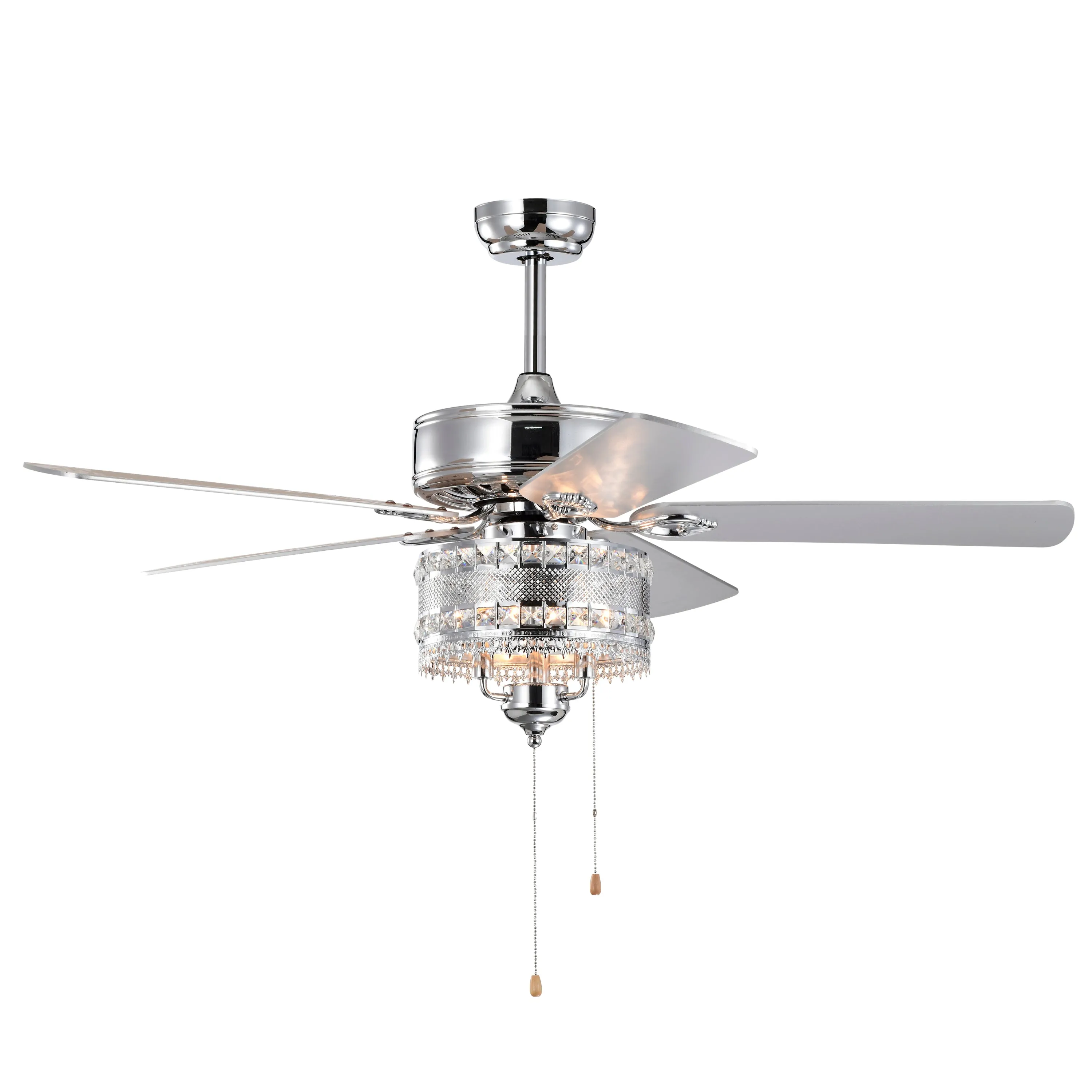 52'' Classical Crystal Ceiling Fan Lamp  5 Reversible Blades, Chrome (Hand Pull Chain)