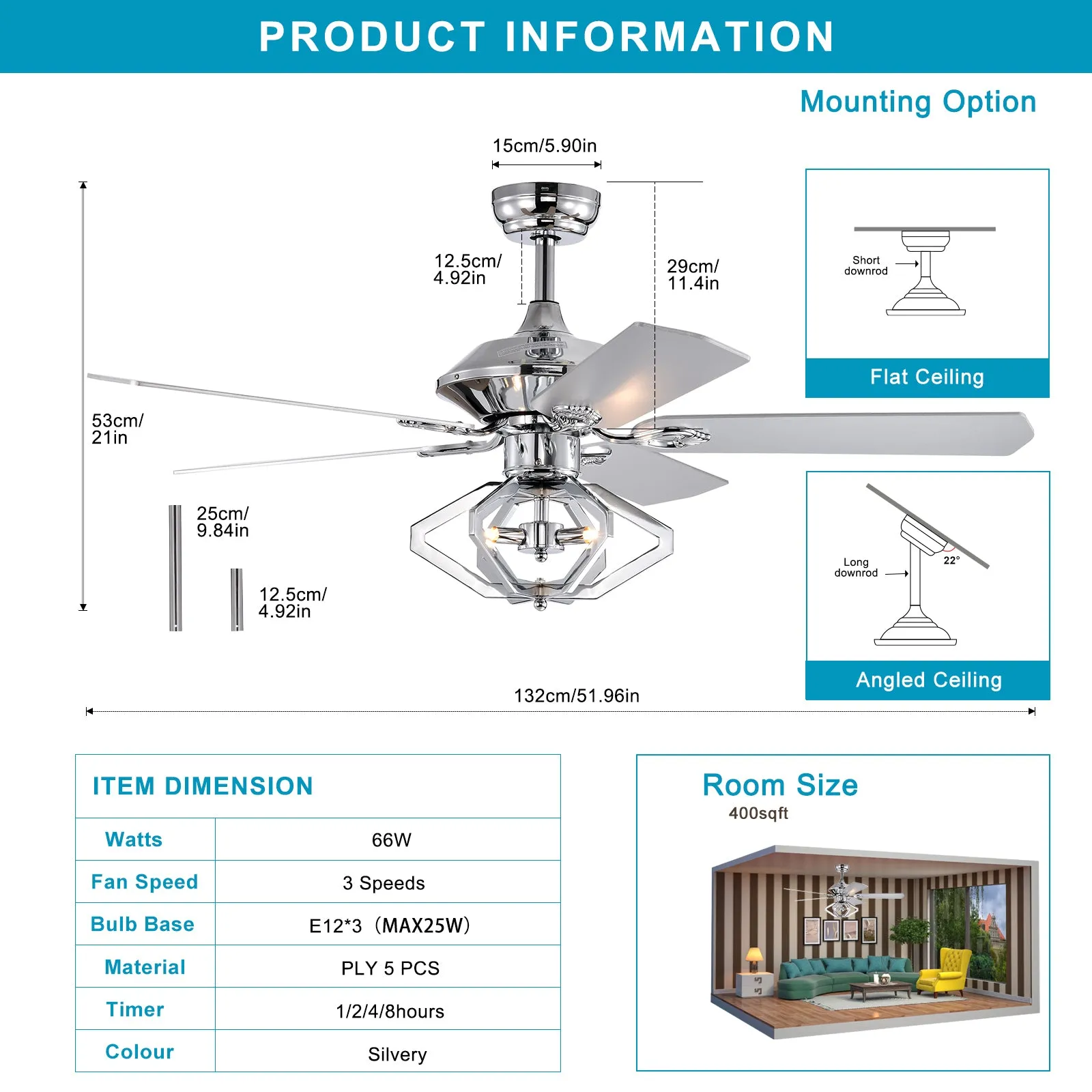 52" Dual Wood 5-Blade Crystal Ceiling Fan with Remote