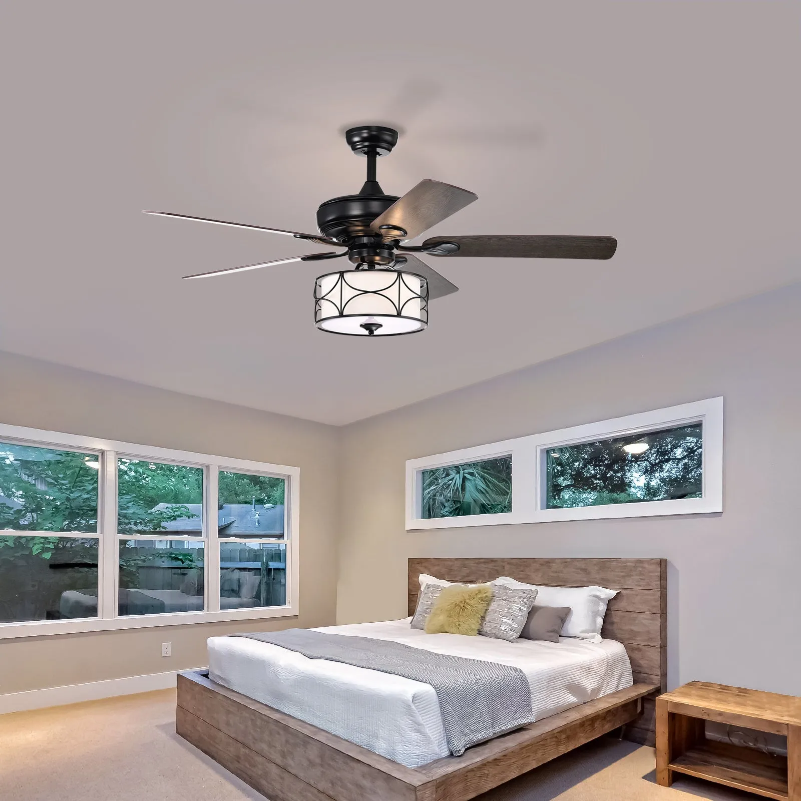 52" Modern Ceiling Fan with Dual Finish Reversible Blades, Fandelier-Matte Black