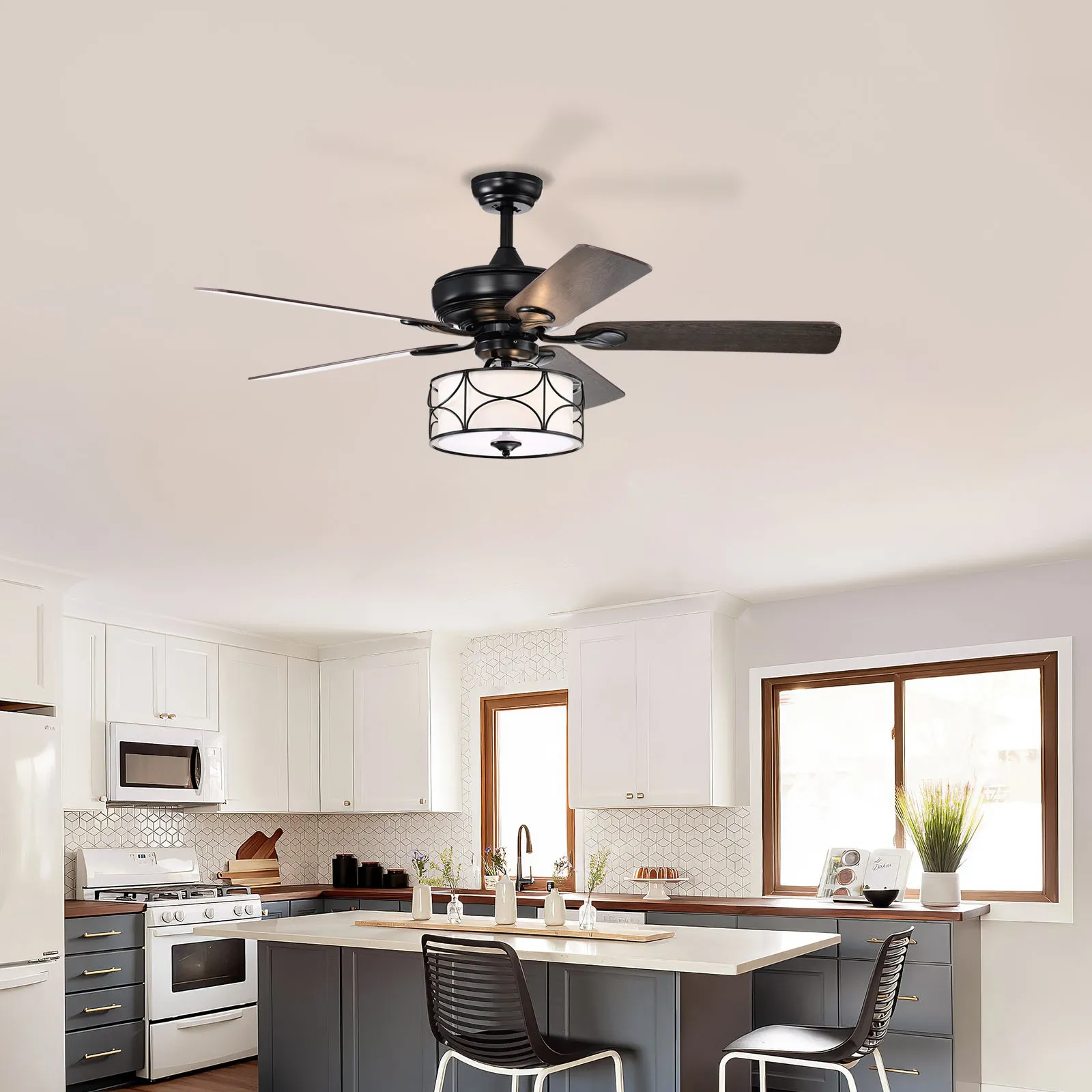 52" Modern Ceiling Fan with Dual Finish Reversible Blades, Fandelier-Matte Black