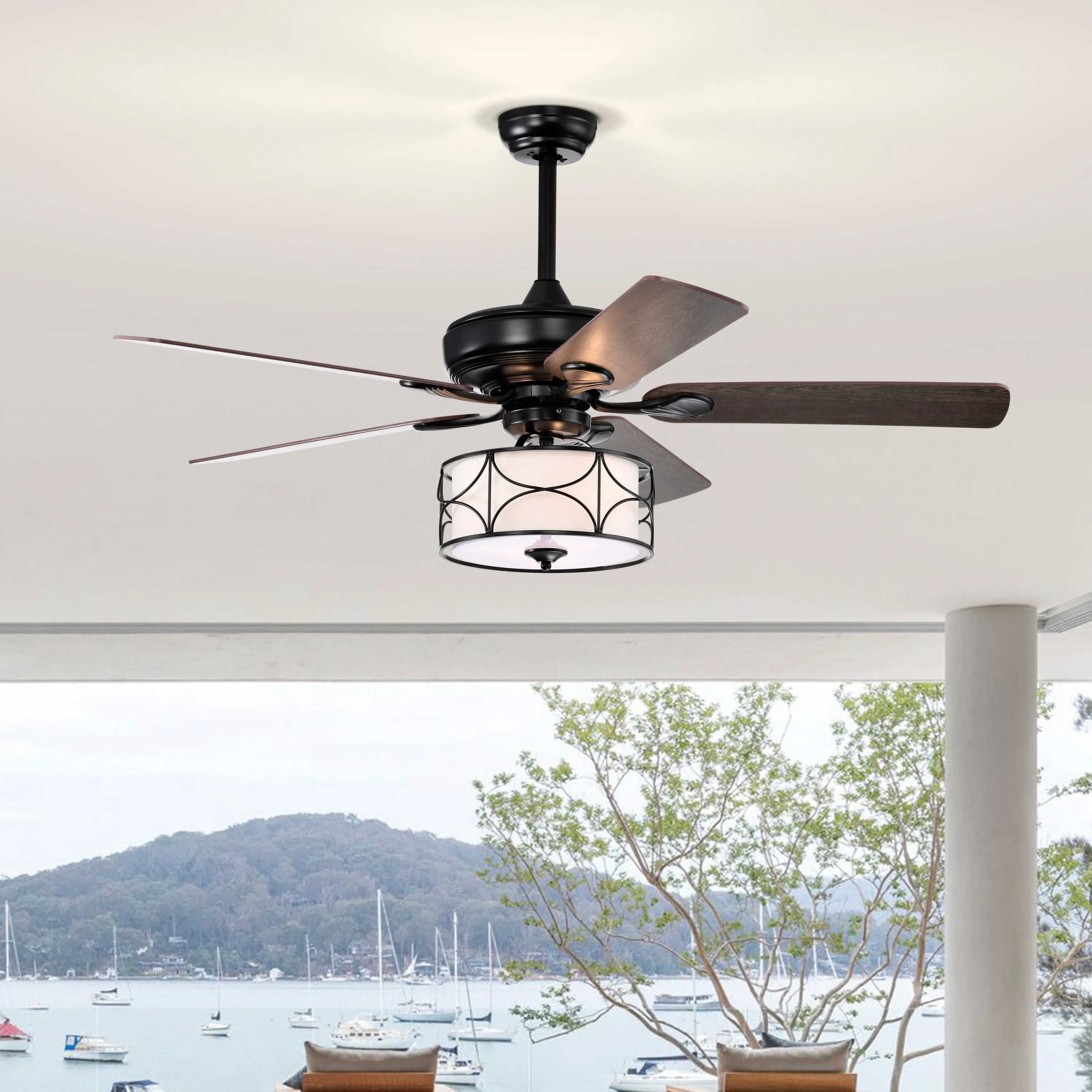 52" Modern Ceiling Fan with Dual Finish Reversible Blades, Fandelier-Matte Black