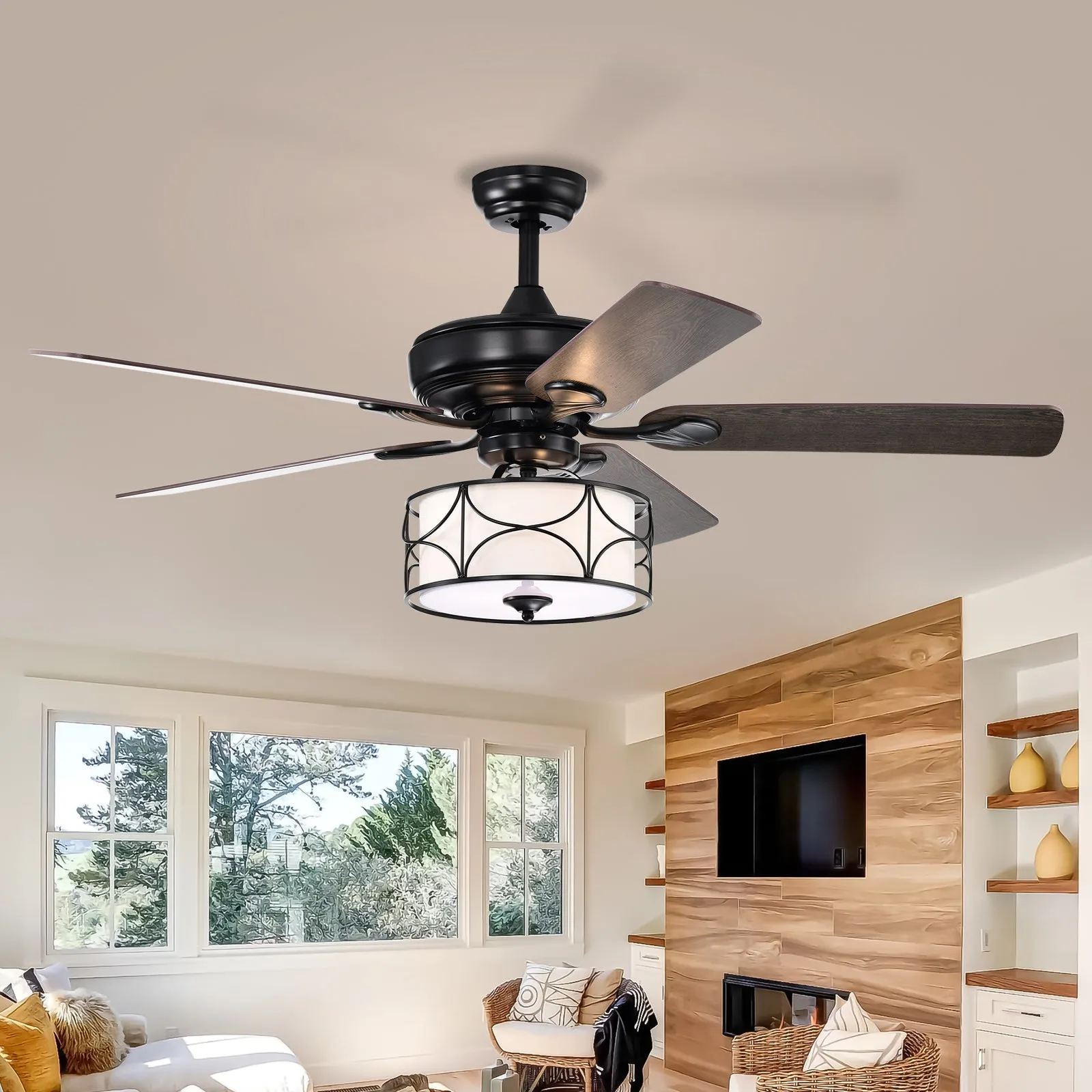 52" Modern Ceiling Fan with Dual Finish Reversible Blades, Fandelier-Matte Black