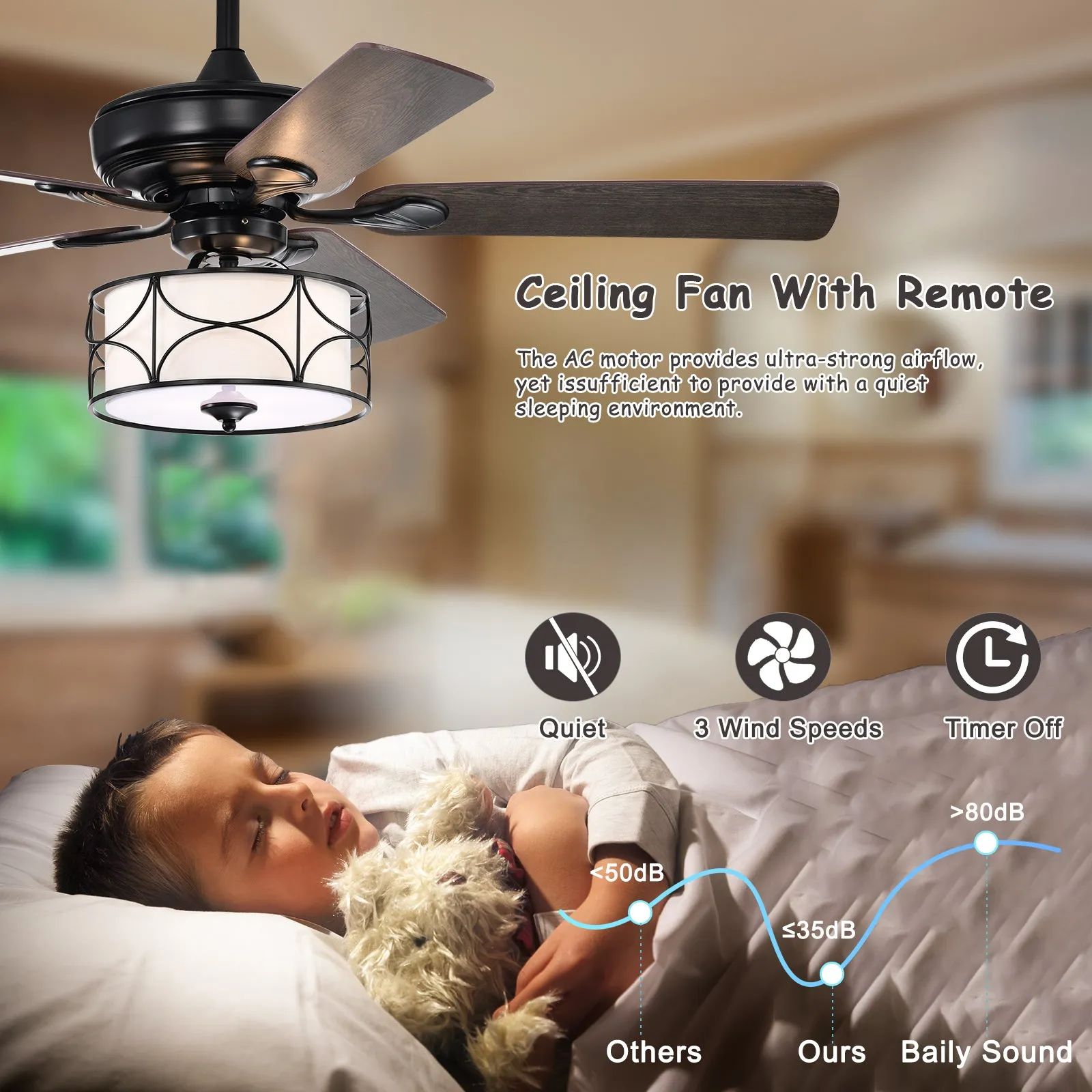 52" Modern Ceiling Fan with Dual Finish Reversible Blades, Fandelier-Matte Black