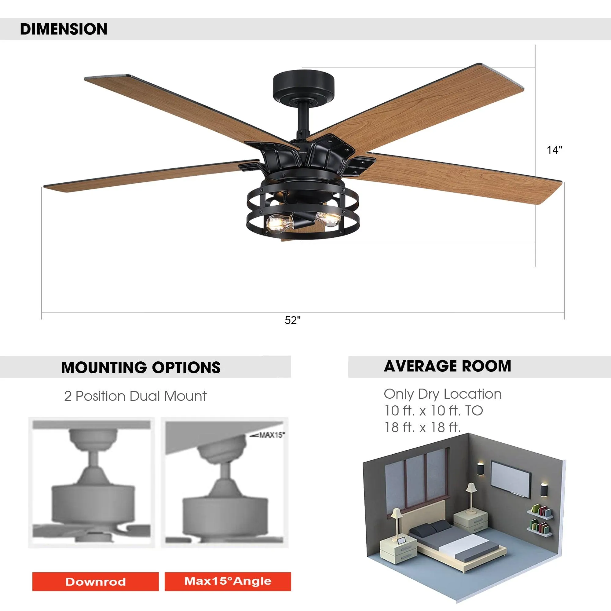 52" Prayag Industrial Downrod Mount Reversible Ceiling Fan with Lighting and Remote Control