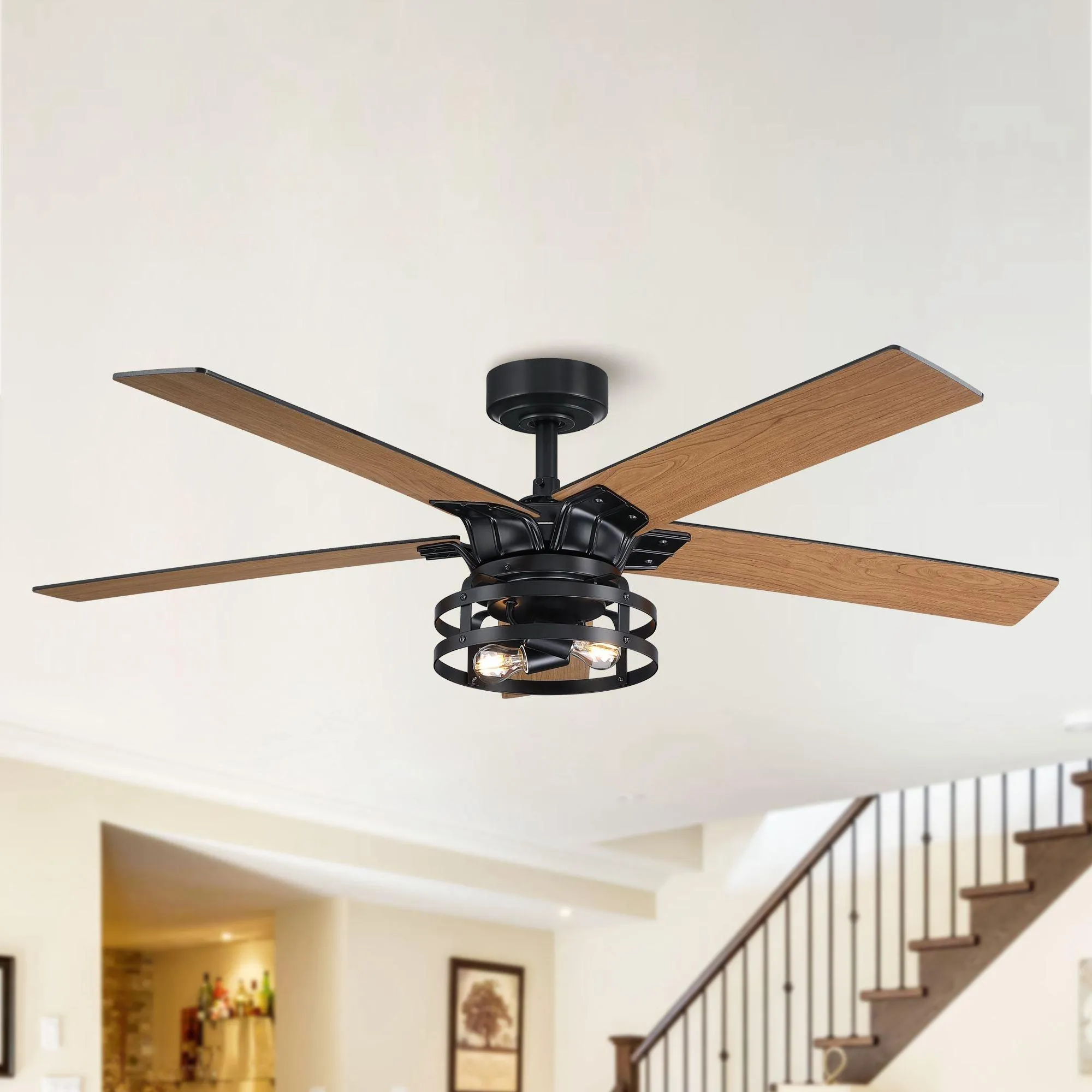 52" Prayag Industrial Downrod Mount Reversible Ceiling Fan with Lighting and Remote Control