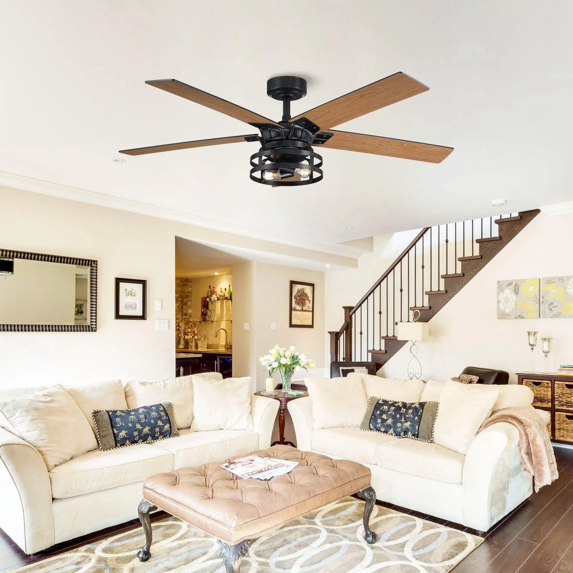 52" Prayag Industrial Downrod Mount Reversible Ceiling Fan with Lighting and Remote Control