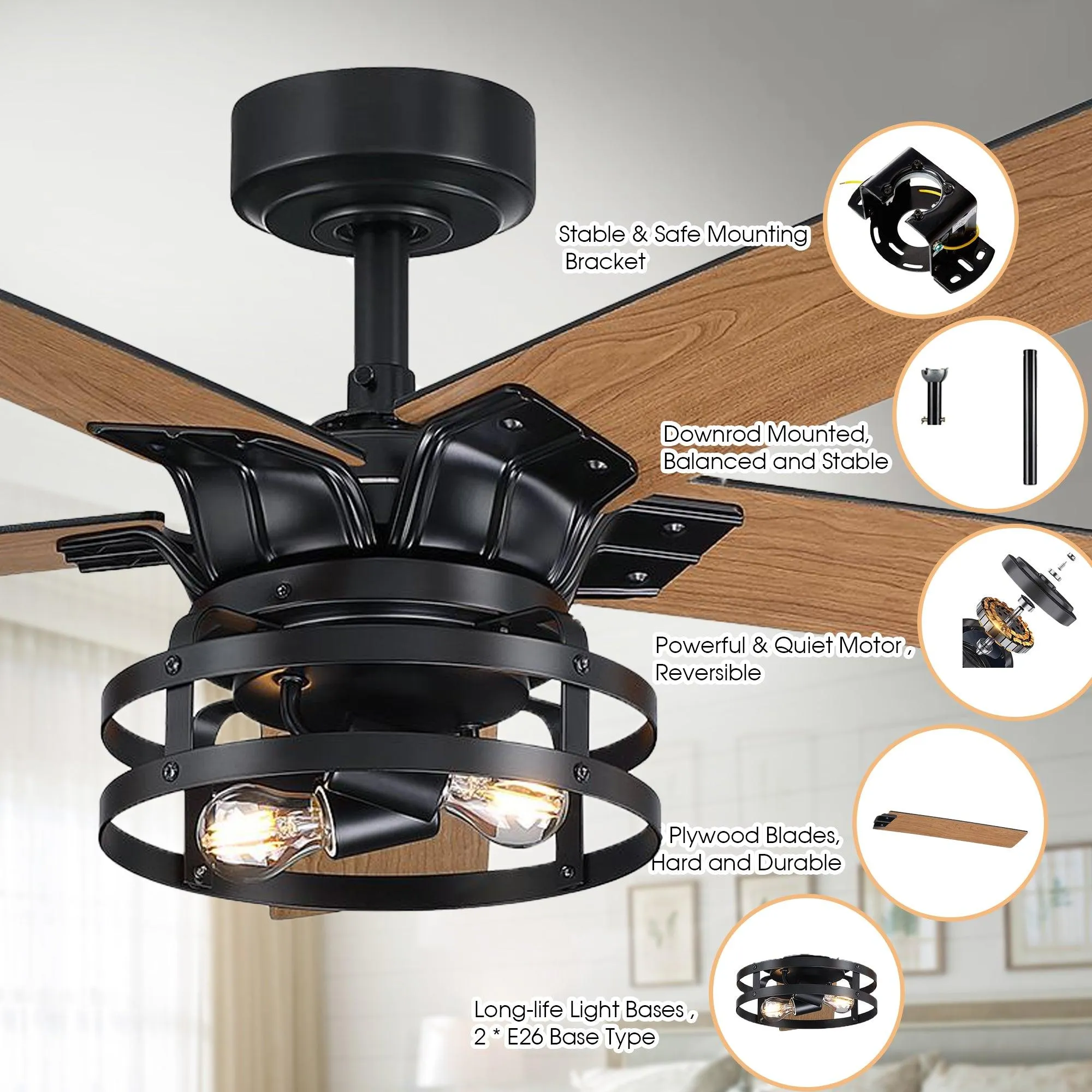 52" Prayag Industrial Downrod Mount Reversible Ceiling Fan with Lighting and Remote Control