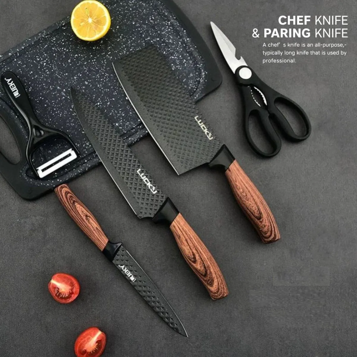 6 pieces Kitchen Knife Set Chef Knives Stainless Steel Nonstick Scissor Cutting Board