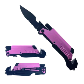 8 1/2" Folding Knife with LED light, cutter, glass breaker - Pink