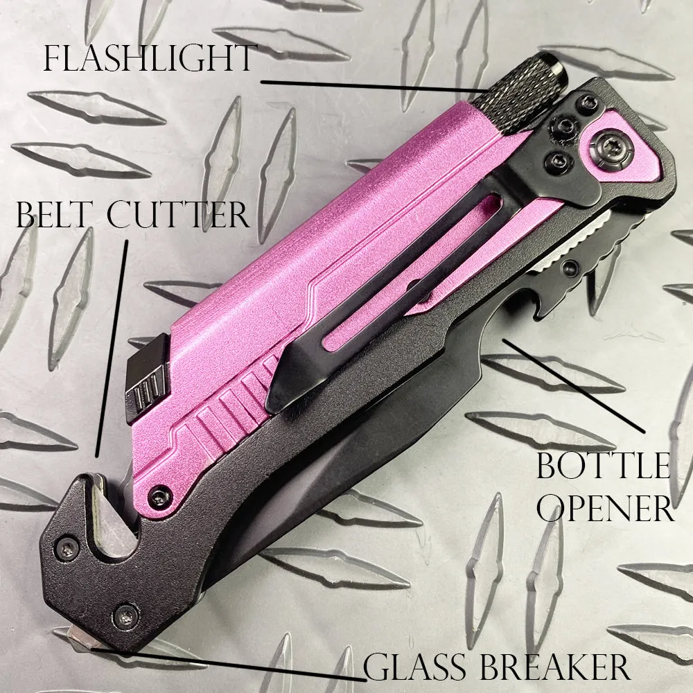 8 1/2" Folding Knife with LED light, cutter, glass breaker - Pink