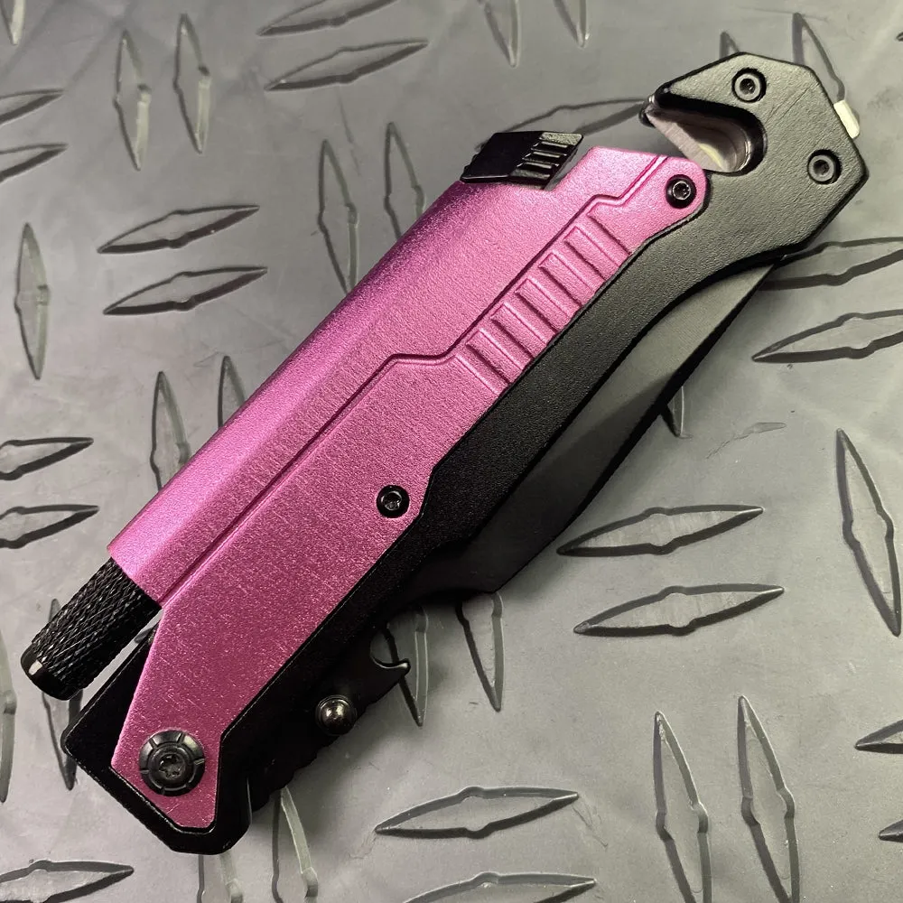 8 1/2" Folding Knife with LED light, cutter, glass breaker - Pink