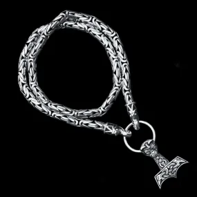 8mm Thick Silver King Chain Thors Hammer Necklace - Gotland Dragon Heads