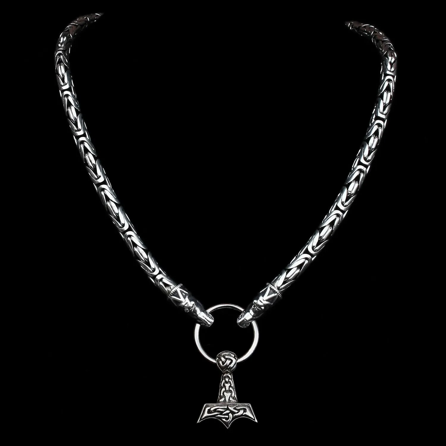 8mm Thick Silver King Chain Thors Hammer Necklace - Gotland Dragon Heads