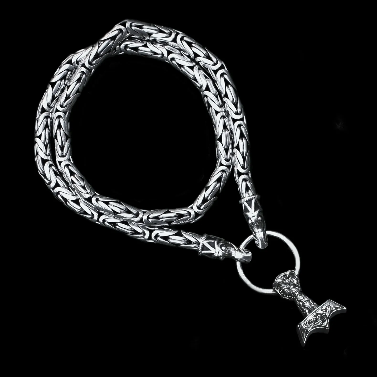 8mm Thick Silver King Chain Thors Hammer Necklace - Gotland Dragon Heads