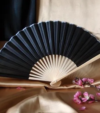 9" Black Silk Hand Fans for Weddings (10 Pack)