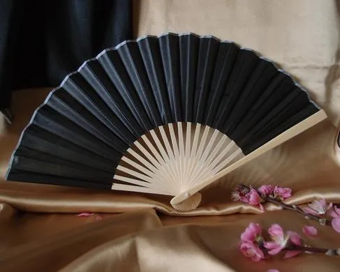 9" Black Silk Hand Fans for Weddings (10 Pack)