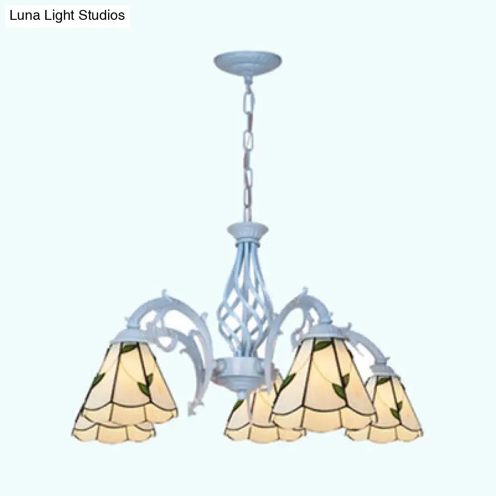 Adjustable 5-Light Stained Glass Chandelier with Leaf Pattern and Lodge Style in Beige