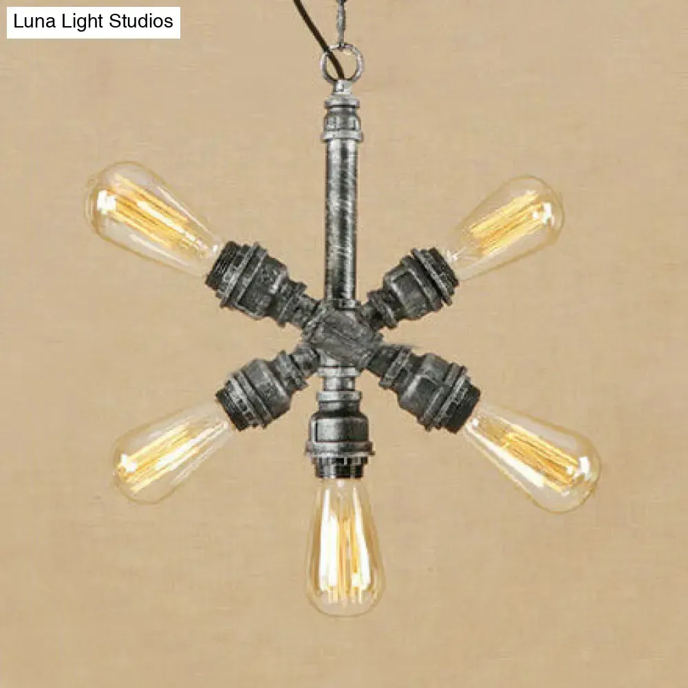 Aged Silver Industrial Style Open Bulb Chandelier with 5 Lights