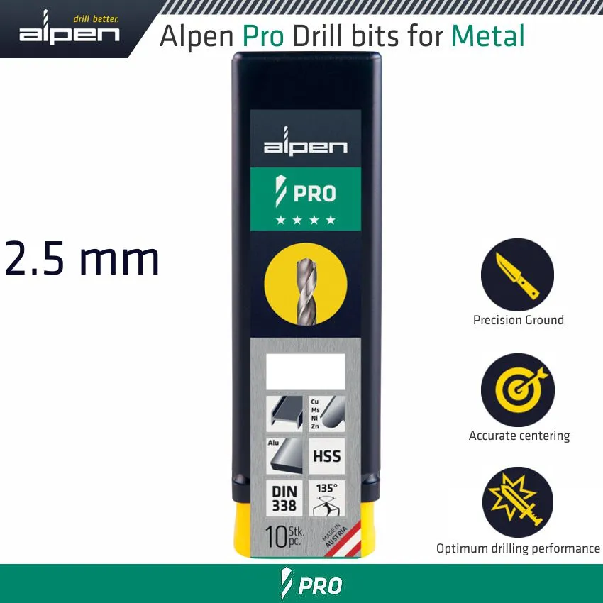 ALPEN ALPEN PRO 2.5MM HSS DRILL DIN 338 RN 135 WITH SPLIT POINT BULK ALP9540025