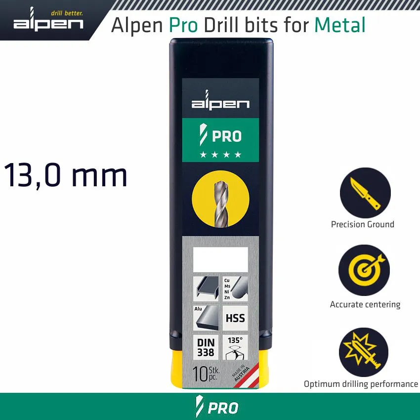 ALPEN ALPEN PRO HSS DRILL DIN 338 RN 135  WITH SPLIT POINT 13.0MM BULK ALP954013