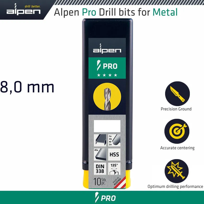 ALPEN ALPEN PRO HSS DRILL DIN 338 RN 135  WITH SPLIT POINT 8.0MM BULK ALP954008